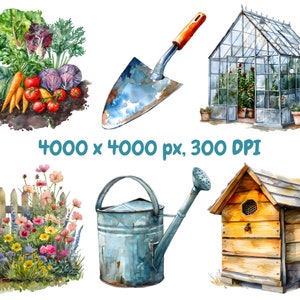 Pu&ograve; includere: Un'illustrazione ad acquerello di attrezzi e forniture da giardinaggio, tra cui un annaffiatoio, una paletta, una serra, un alveare e un'aiuola di fiori.