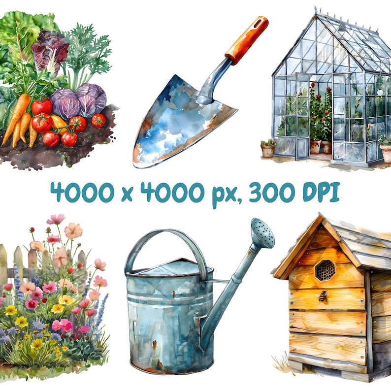 Pu&ograve; includere: Un'illustrazione ad acquerello di attrezzi e forniture da giardinaggio, tra cui un annaffiatoio, una paletta, una serra, un alveare e un'aiuola di fiori.