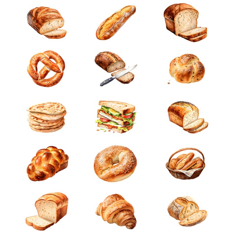 K&ouml;nnte beinhalten: Aquarellillustration verschiedener Backwaren, darunter geschnittenes Brot, ein Baguette, eine Brezel, ein Bagel, ein Croissant und ein Sandwich. Das Bild zeigt eine Vielzahl von Broten in verschiedenen Formen und Gr&ouml;&szlig;en mit detaillierten Texturen und realistischen Schattierungen.