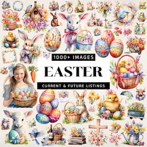 Op de afbeelding: Een collage van aquarel illustraties met een Pasen thema. De afbeelding bevat konijnen, lammeren, versierde eieren, bloemenmanden en de tekst "EASTER" en "1000+ IMAGES".