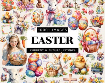 May include: A collage of watercolor illustrations with an Easter theme. The image includes bunnies, lambs, decorated eggs, baskets of flowers, and the text "EASTER" and "1000+ IMAGES".