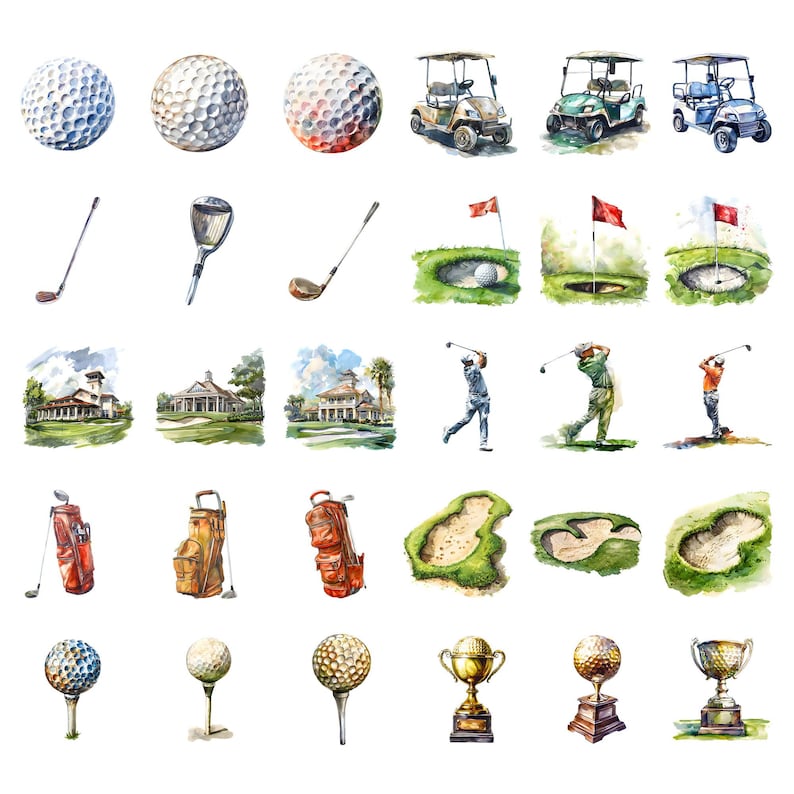 Pu&ograve; includere: Illustrazione ad acquerello di attrezzature e accessori per il golf, tra cui palline da golf, mazze da golf, sacche da golf, carrelli da golf, campi da golf e trofei da golf.