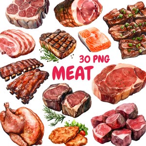 May include: A watercolour illustration featuring a variety of meat cuts, such as ribs, steak, bacon, and a whole roasted chicken. The pink text reads "MEAT", with the text "30 PNG" also visible.