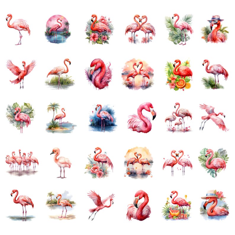 K&ouml;nnte beinhalten: Eine Sammlung von Aquarell-Illustrationen von Flamingos in verschiedenen Posen und Umgebungen. Die Bilder zeigen rosa Flamingos mit Details wie tropischen Blumen, Wasser und Sonnenunterg&auml;ngen. Einige Flamingos werden paarweise oder in Gruppen gezeigt.
