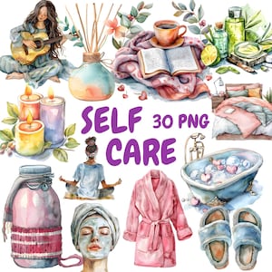 Aquarel zelfzorg clipart bundel, geestelijke gezondheid clipart, bevestiging illustraties, transparante PNG-afbeeldingen, commercieel gebruik
