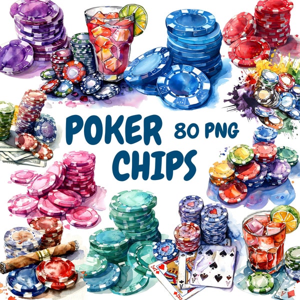 Watercolor Poker Chips Clipart Bundle, Casino Chips Clipart, Gambling Illustrations, Transparent PNG Graphics, Commercial Use