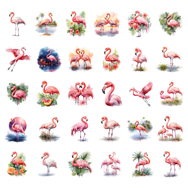 K&ouml;nnte beinhalten: Eine Sammlung von Aquarell-Illustrationen von Flamingos in verschiedenen Posen und Umgebungen. Die rosa V&ouml;gel sind stehend, im Wasser watend und paarweise dargestellt, umgeben von tropischem Laub und Blumen. Die Kunstwerke haben einen weichen, k&uuml;nstlerischen Stil.