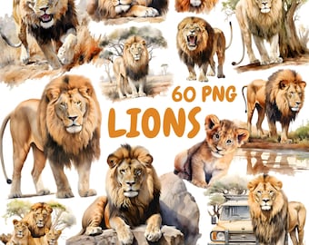 Watercolor Lions Clipart Bundle, Savanna Animals Clipart, Safari Illustrations, Transparent PNG Graphics, Commercial Use