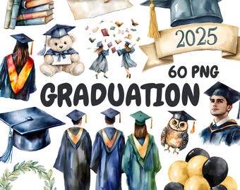Watercolor Graduation Clipart Bundle, Graduation Hat Clipart, Graduation Illustrations, Transparent PNG Graphics, Commercial Use