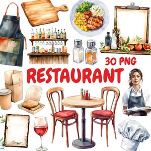 以下が含まれることがあります： レストランの要素を描いた水彩イラスト。まな板、料理の盛り合わせ、塩コショウ入れ、ボトルが並んだバー、テーブルと椅子、ワイングラス、コック帽が含まれています。「RESTAURANT」の文字が大きな赤い文字で書かれています。