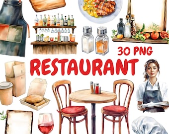 Watercolor Restaurant Clipart Bundle, Date Night Clipart, Kitchen Illustrations, Transparent PNG Graphics, Commercial Use