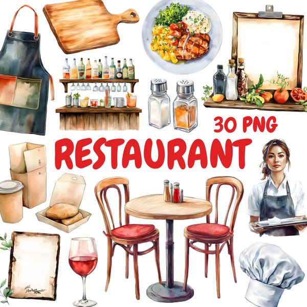 Watercolor Restaurant Clipart Bundle, Date Night Clipart, Kitchen Illustrations, Transparent PNG Graphics, Commercial Use