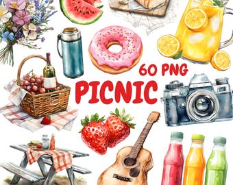 Watercolor Picnic Clipart Bundle, Picnic Basket Clipart, Summer Illustrations, Transparent PNG Graphics, Commercial Use