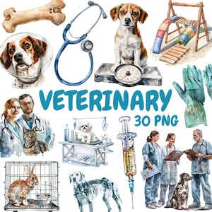 Watercolor Veterinary Clipart Bundle, Animal Hospital Clipart, Veterinary Illustrations, Transparent PNG Graphics, Commercial Use
