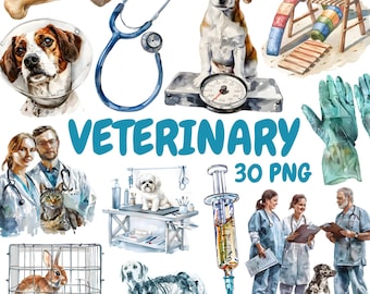 Watercolor Veterinary Clipart Bundle, Animal Hospital Clipart, Veterinary Illustrations, Transparent PNG Graphics, Commercial Use