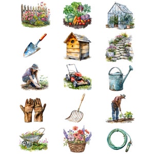 Pu&ograve; includere: Un'illustrazione ad acquerello di attrezzi e forniture da giardinaggio, tra cui una paletta, un rastrello, un annaffiatoio, un carretto, guanti, un tosaerba, una serra, una casetta per uccelli e un tubo da giardino. L'illustrazione presenta anche una persona che fa giardinaggio e un cesto di fiori.