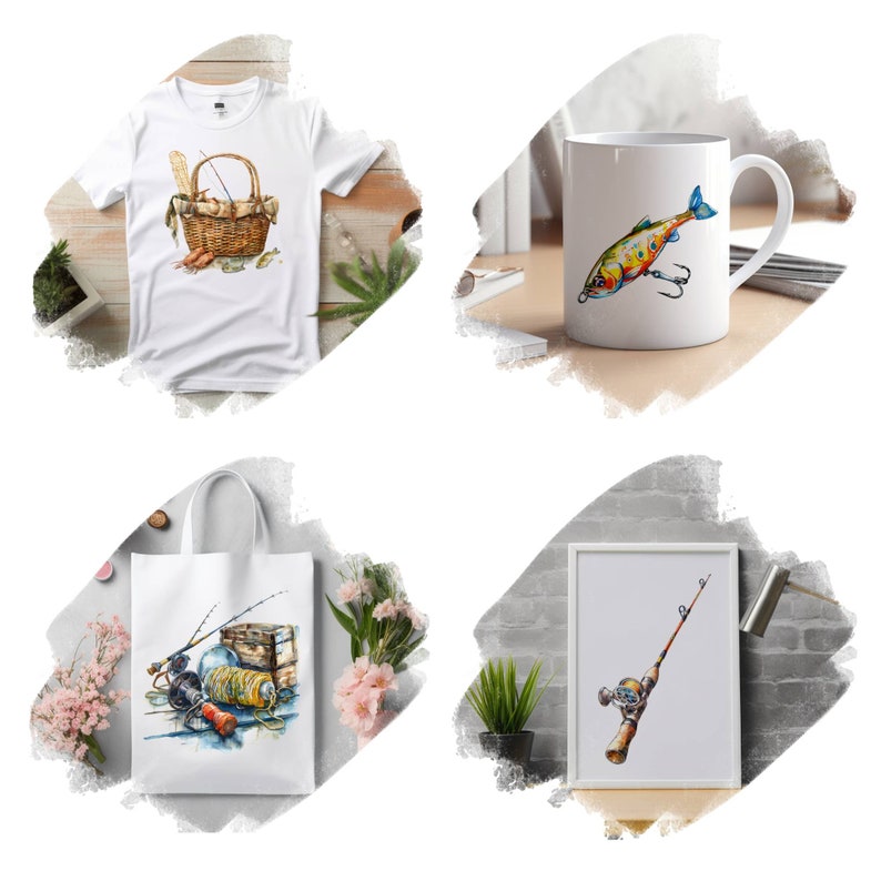 May include: A set of four fishing-themed products: a white t-shirt with a basket of fishing gear, a white mug with a colorful fish lure, a white tote bag with fishing gear, and a white framed print of a fishing rod and reel.