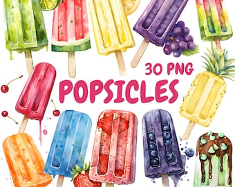 Watercolor Popsicles Clipart Bundle, Summer Treat Clipart, Popsicle Illustrations, Transparent PNG Graphics, Commercial Use