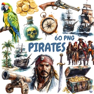 Zestaw clipartów z akwarelowymi piratami, clipart ze statkiem pirackim, ilustracje skarbów, przezroczysta grafika PNG, wykorzystanie komercyjne