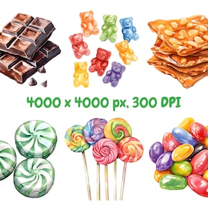 May include: A collection of colorful candies, including gummy bears, lollipops, jelly beans, and hard candies. There is also a piece of chocolate and a stack of brittle toffee.