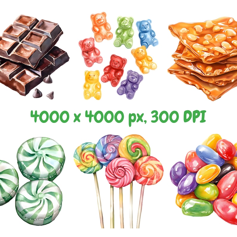 May include: A collection of colorful candies, including gummy bears, lollipops, jelly beans, and hard candies. There is also a piece of chocolate and a stack of brittle toffee.
