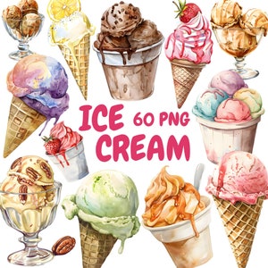 Pacchetto di clipart di gelato all'acquerello, clipart di dolcetti estivi, illustrazioni di dessert, grafica PNG trasparente, uso commerciale