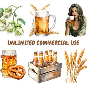 May include: Watercolor illustration of beer-related items, including a glass of beer, a mug of beer, a six-pack of beer bottles in a wooden crate, a woman holding a glass of beer, and wheat stalks. The text "UNLIMITED COMMERCIAL USE" is written in brown letters.