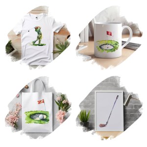 Pu&ograve; includere: Un set di quattro prodotti a tema golf: una t-shirt bianca con un'illustrazione ad acquerello di un golfista, una borsa tote bianca con un'illustrazione ad acquerello di una palla da golf su un green, una tazza bianca con un'illustrazione ad acquerello di una buca da golf e una stampa incorniciata bianca con un'illustrazione ad acquerello di una mazza da golf.