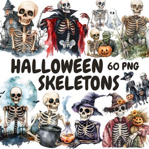 Watercolor Halloween Skeletons Clipart Bundle, Spooky Skeleton Clipart, Skeleton Skull Graphics, Instant Digital Download For Commercial Use