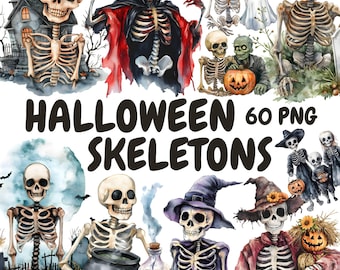 Watercolor Halloween Skeletons Clipart Bundle, Spooky Skeleton Clipart, Skeleton Skull Graphics, Instant Digital Download For Commercial Use