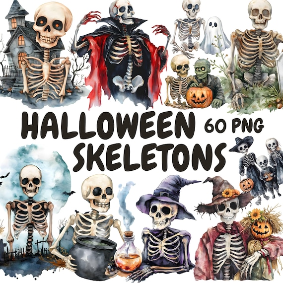 Watercolor Halloween Skeletons Clipart Bundle, Spooky Skeleton Clipart, Skeleton Skull Graphics, Instant Digital Download For Commercial Use
