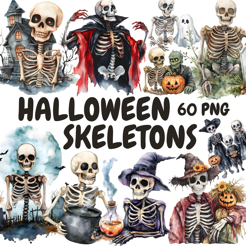 Peut inclure: Un ensemble de 60 illustrations &agrave; l'aquarelle de squelettes dans diverses poses et costumes. Les squelettes sont habill&eacute;s en sorci&egrave;res, en fant&ocirc;mes et en autres personnages d'Halloween. Les illustrations sont parfaites pour cr&eacute;er des cartes, des invitations et des d&eacute;corations d'Halloween.