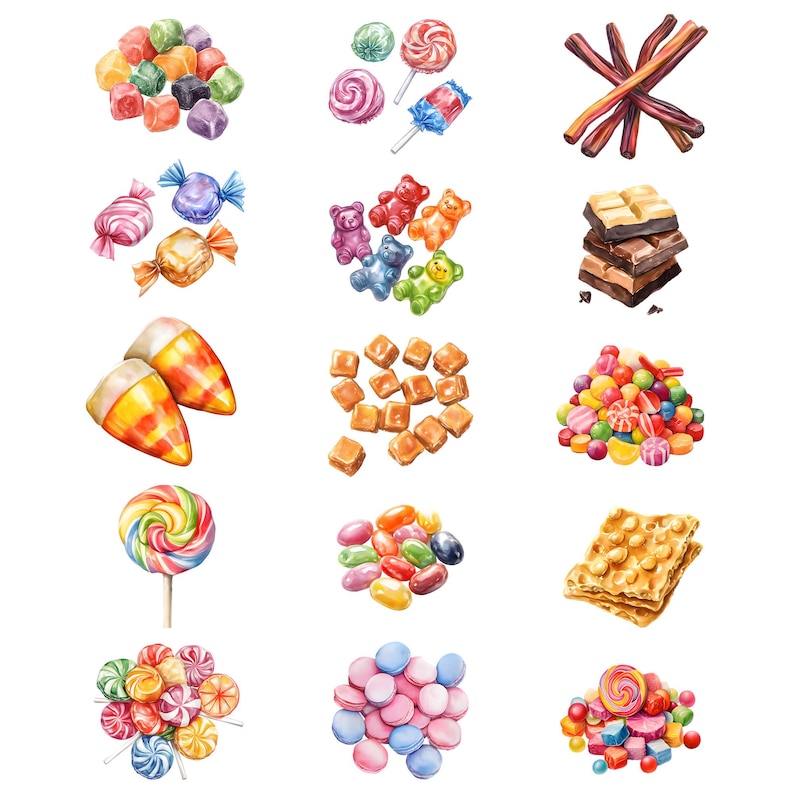 May include: Assortment of colorful candies, lollipops, and chocolate.  Includes gummy bears, jelly beans, hard candies, chocolate bars, and lollipops.