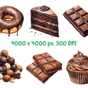 May include: An assortment of chocolate desserts, including a glazed donut, a slice of layered cake, chocolate bars, truffles, and a cupcake. The image also includes the text "4000 x 4000 px, 300 DPI" in green.