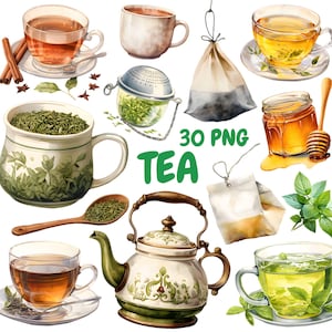 May include: Watercolor illustration of tea-related items. Includes teacups, a teapot, tea bags, a tea infuser, honey, and loose tea. The word "TEA" is written in green. Cinnamon sticks and mint leaves are also present.