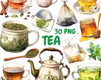 Watercolor Tea Clipart Bundle, Herbal Medicine Clipart, Teapot Illustrations, Transparent PNG Graphics, Commercial Use