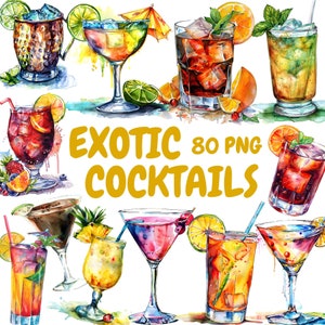 Pacchetto di clipart di cocktail esotici ad acquerello, clipart di cocktail tropicali, illustrazioni di bevande, grafica PNG trasparente, uso commerciale