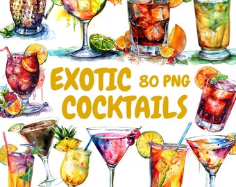 Watercolor Exotic Cocktails Clipart Bundle, Tropical Cocktail Clipart, Drink Illustrations, Transparent PNG Graphics, Commercial Use