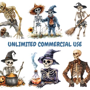 Peut inclure: Un ensemble de dix illustrations &agrave; l'aquarelle de squelettes dans diff&eacute;rentes poses et costumes. Les squelettes portent des chapeaux, tiennent des balais et portent des chaudrons. Les illustrations sont parfaites pour les d&eacute;corations ou les travaux manuels d'Halloween.