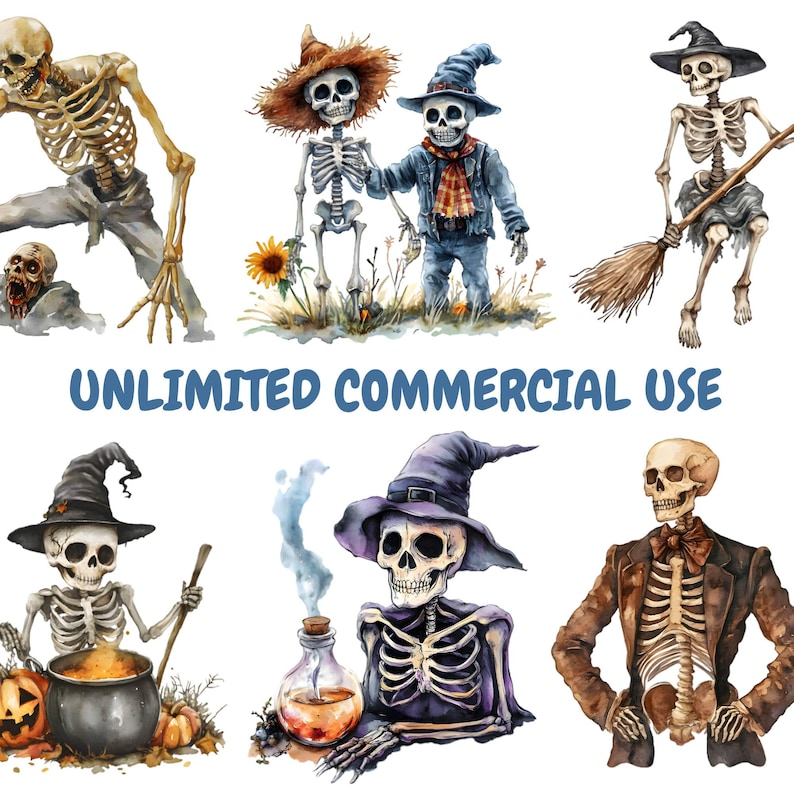 Peut inclure: Un ensemble de dix illustrations &agrave; l'aquarelle de squelettes dans diff&eacute;rentes poses et costumes. Les squelettes portent des chapeaux, tiennent des balais et portent des chaudrons. Les illustrations sont parfaites pour les d&eacute;corations ou les travaux manuels d'Halloween.