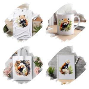 May include: A white t-shirt, mug, tote bag, and framed print featuring watercolor illustrations of red pandas. The red pandas have reddish-brown fur and are surrounded by greenery. The tote bag shows two red pandas in a cave.