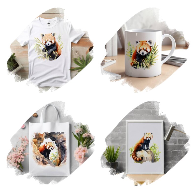 May include: A white t-shirt, mug, tote bag, and framed print featuring watercolor illustrations of red pandas. The red pandas have reddish-brown fur and are surrounded by greenery. The tote bag shows two red pandas in a cave.