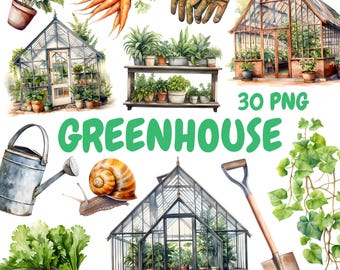 Pacchetto di clipart di serre ad acquerello, clipart di giardinaggio primaverile, illustrazioni botaniche, grafica PNG trasparente, uso commerciale