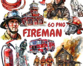 Watercolor Fireman Clipart Bundle, Fire Department Clipart, Firefighter Illustrations, Transparent PNG Graphics, Commercial Use