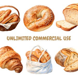 K&ouml;nnte beinhalten: Aquarellillustration verschiedener Backwaren, darunter ein Bagel mit Sesam, geschnittenes Brot, ein Croissant und Baguettes in einem Korb und einer Tragetasche. Der Text "UNLIMITED COMMERCIAL USE" ist ebenfalls vorhanden.