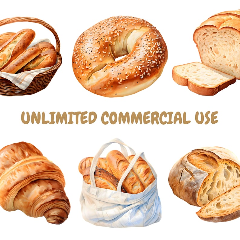 K&ouml;nnte beinhalten: Aquarellillustration verschiedener Backwaren, darunter ein Bagel mit Sesam, geschnittenes Brot, ein Croissant und Baguettes in einem Korb und einer Tragetasche. Der Text "UNLIMITED COMMERCIAL USE" ist ebenfalls vorhanden.