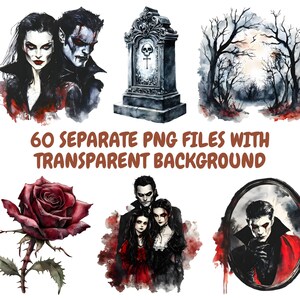 Puede incluir: Un conjunto de ilustraciones digitales con im&aacute;genes g&oacute;ticas y de vampiros. El conjunto incluye una pareja de vampiros, una l&aacute;pida, una rosa, una familia de vampiros y un vampiro en un espejo. Las ilustraciones son de estilo acuarela y tienen una est&eacute;tica oscura y melanc&oacute;lica.