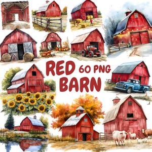 Aquarell Rote Scheune Clipart Bundle, Bauernhof Scheune Clipart, Bauernhaus Illustrationen, transparente PNG Grafiken, kommerzielle Nutzung