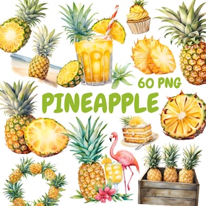 Puede incluir: Ilustración en acuarela con varias imágenes de piñas, incluyendo piñas enteras, rodajas y un vaso de jugo con pajita. La palabra "PINEAPPLE" está escrita en verde. También incluye un cupcake, pastel y un flamenco.
