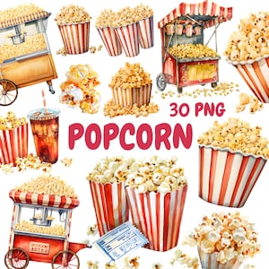 Watercolor Popcorn Clipart Bundle, Movie Night Clipart, Popcorn Illustrations, Transparent PNG Graphics, Commercial Use